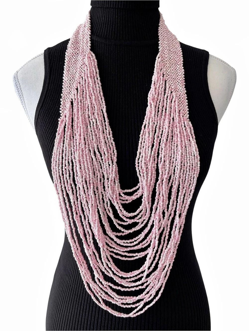 Pink Layered Multi-Strand Beaded Handmade Necklace